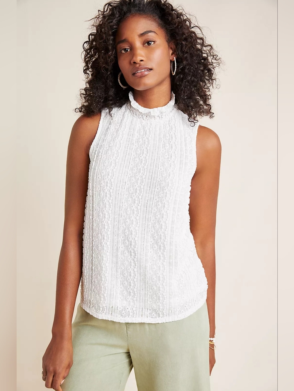 Anthropologie Cream Lace Sleeveless Mock-Neck Camisole Size M